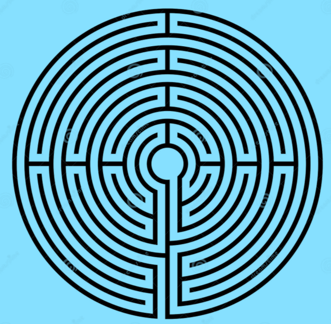 Black circular maze with a blue background and a small central opening.