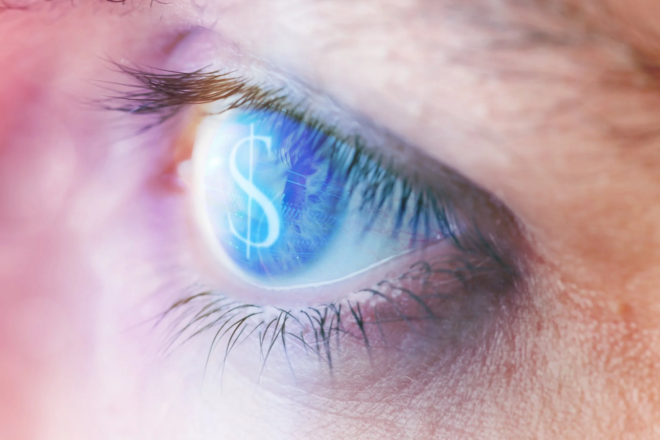 Eye with digital dollar symbol representing financial clarity for eye-care billing services