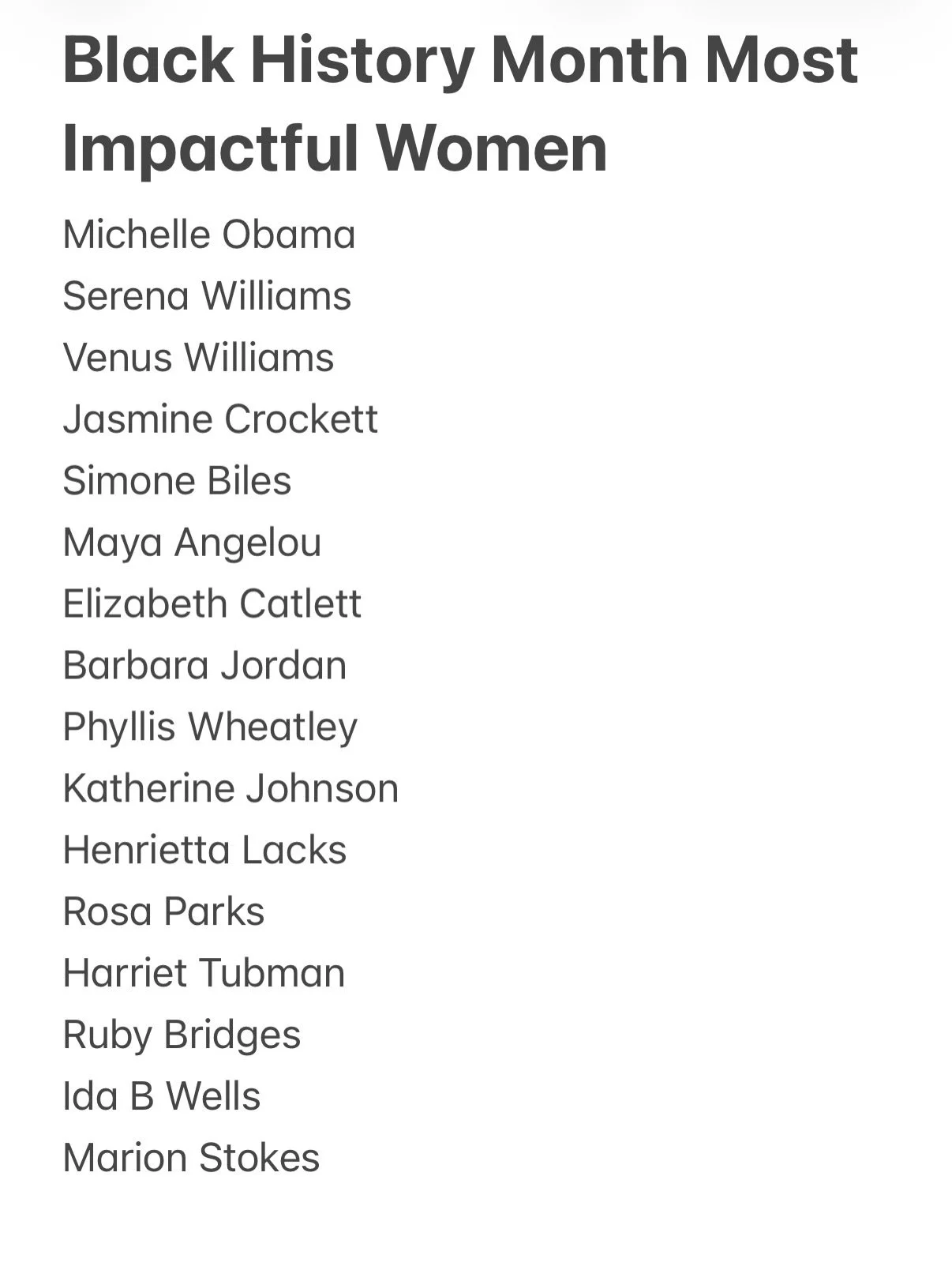 Thank you so much to everyone who helped create this incredible list of impactful women throughout history for my daughter&rsquo;s Black History Month project! 

We went through each one, I gave her a brief history of each and showed her pictures. 

