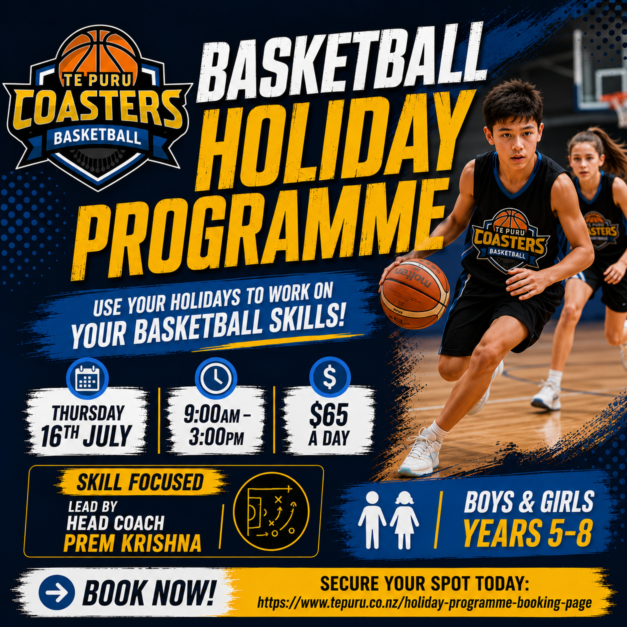 Basketball Holiday Programme

Join Head Coach Prem Krishna for a skill-focused basketball programme designed for Years 5–8 players. Improve your fundamentals, build confidence, and develop your game in a fun and supportive environment.

Thursday 16 J
