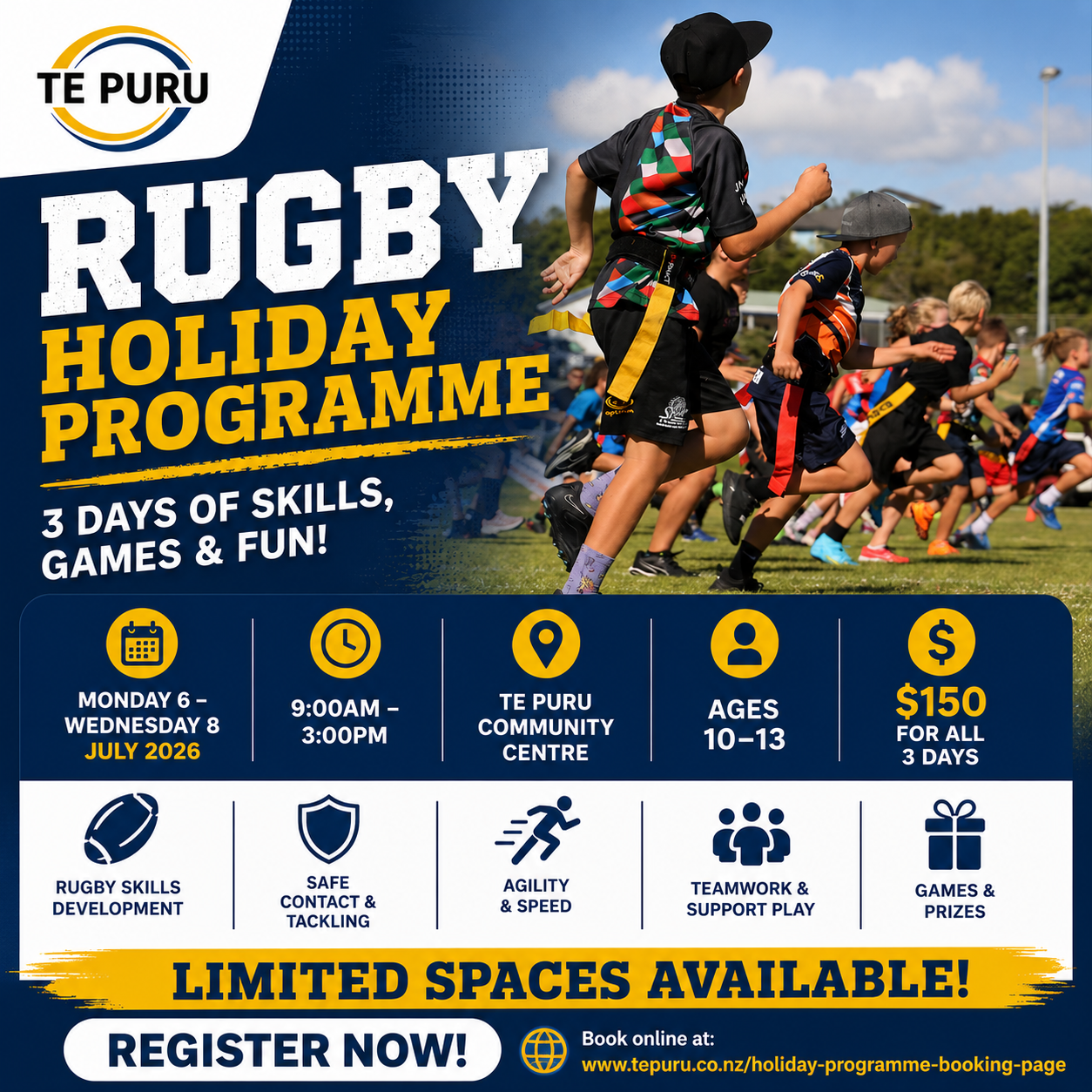 Rugby Holiday Programme

Join us for 3 days of rugby skills, games, and fun these school holidays!

Designed for ages 10–13, this action-packed programme will help players develop their rugby skills, build confidence, improve teamwork, and stay activ