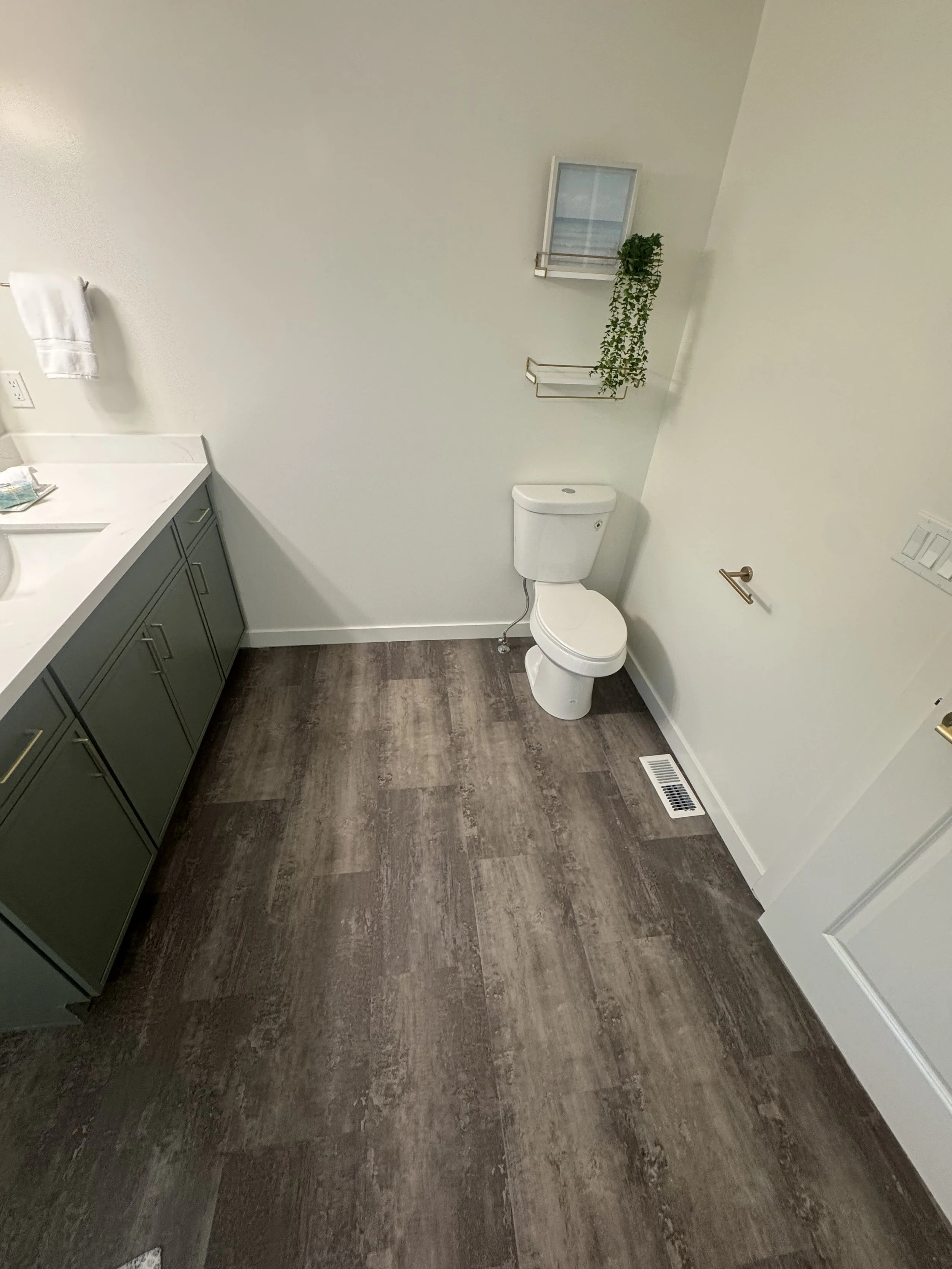 Bathroom with gray cabinets, white countertop, toilet, wall shelves, and decorative plants.