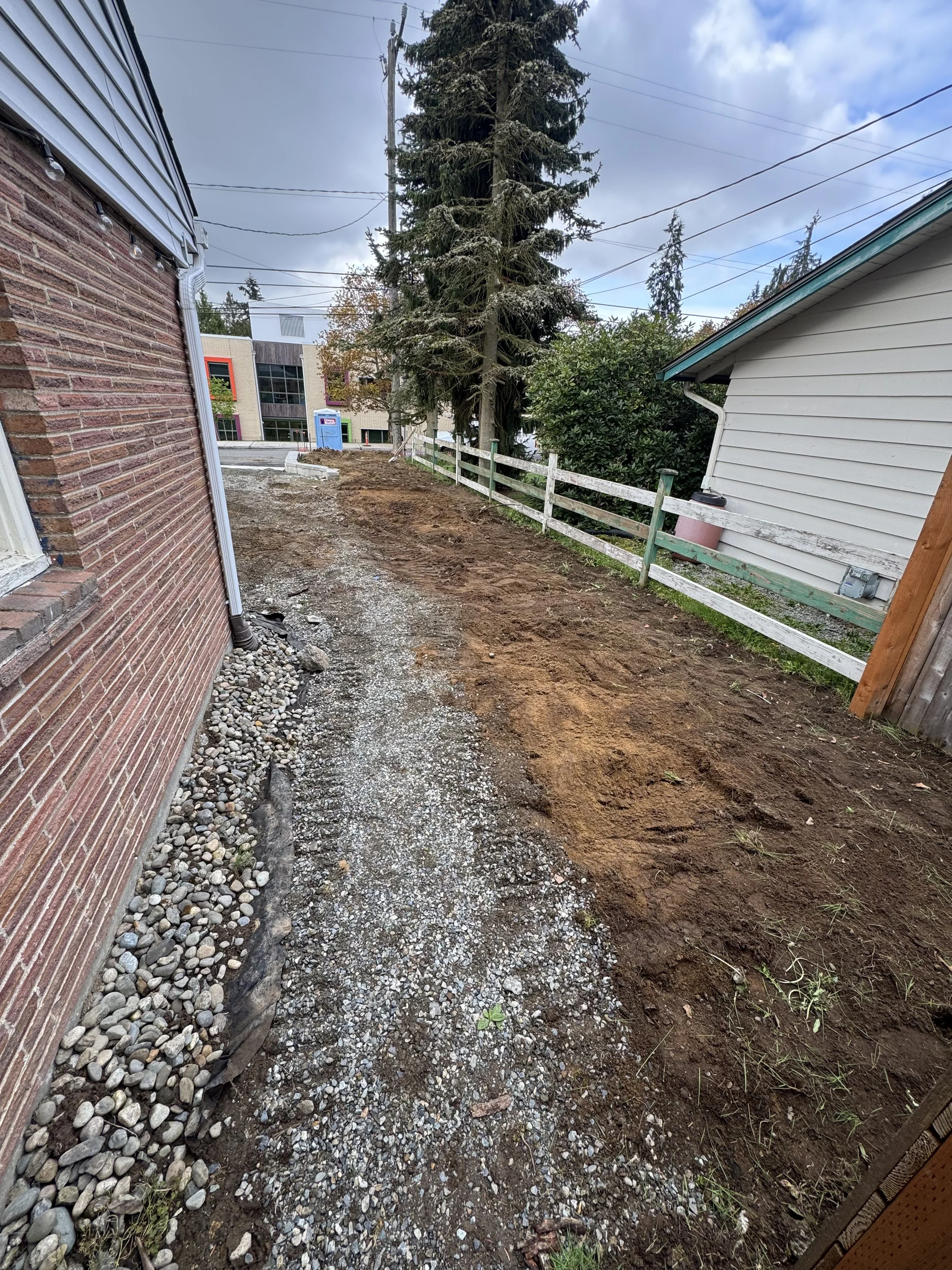A dirt pathway between two residential properties, with a partial dirt and gravel surface on the left side and bare soil on the right side. There is a wooden fence on the right, trees in the background, and a partly cloudy sky overhead.