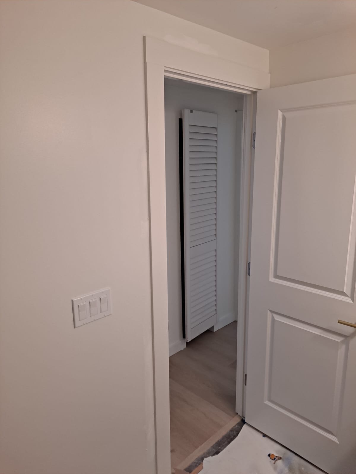Open door revealing a closet with a white louvered door and light-colored wooden floor.
