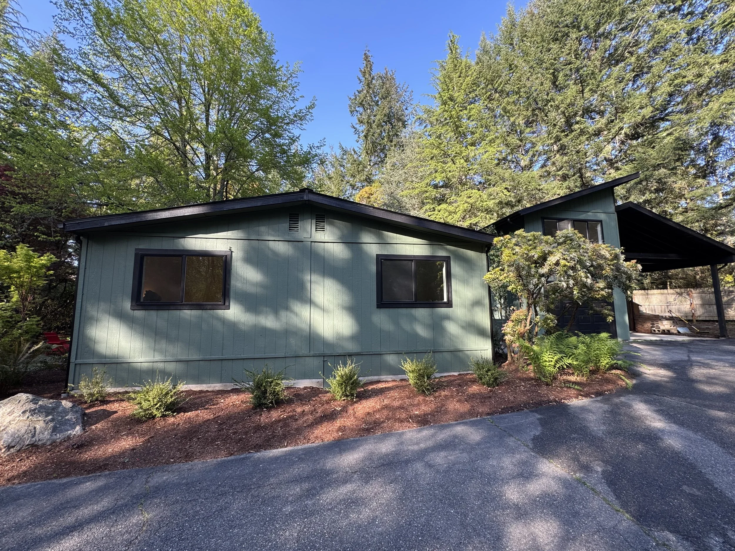 A green house with black trim, located in a wooded area with tall trees and a gravel driveway in front, under a blue sky.