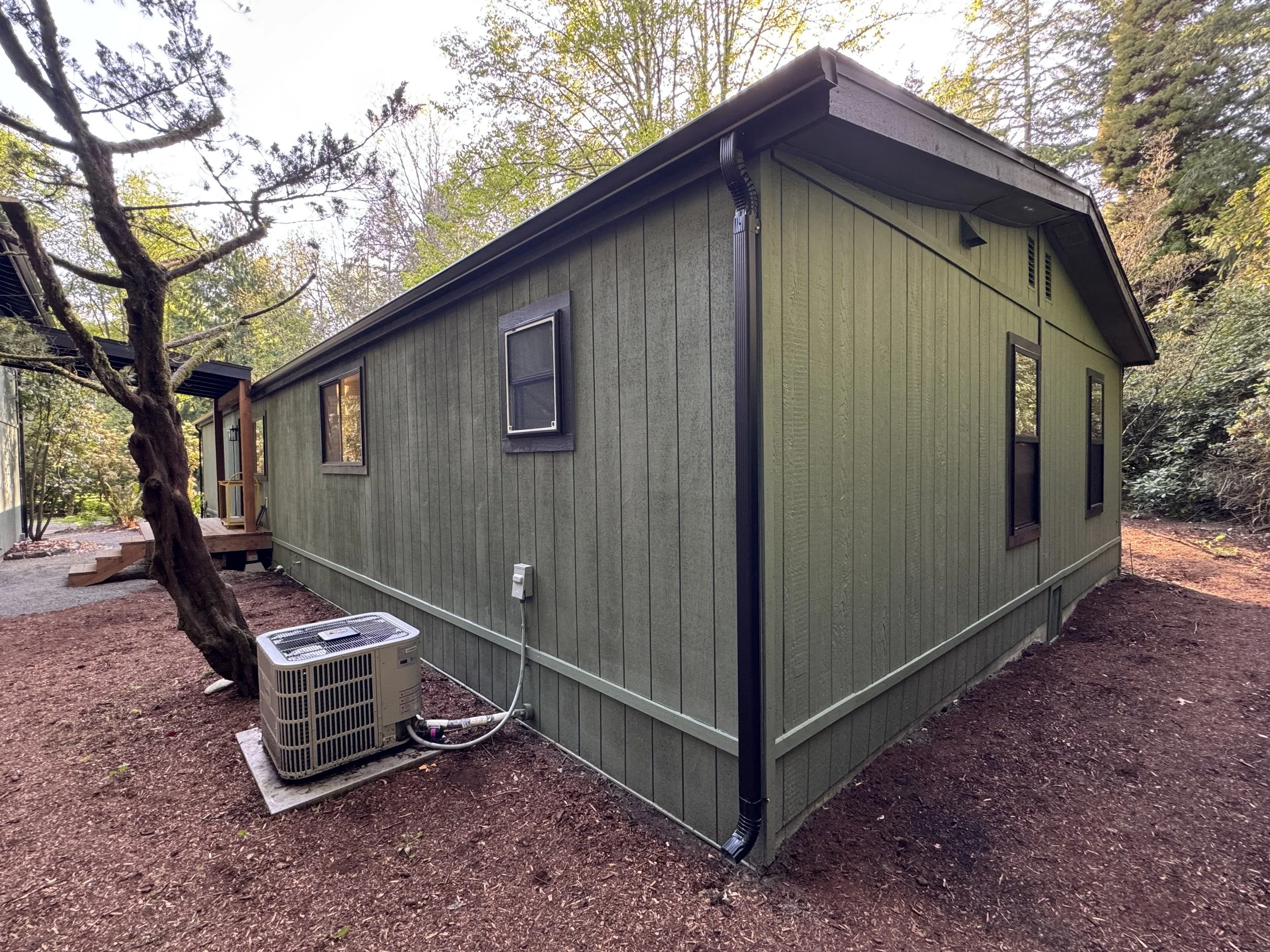 A green single-story house with a gabled roof, four small windows, and black trim in a wooded area with trees and a dirt yard. An air conditioning unit is outside near the foundation.