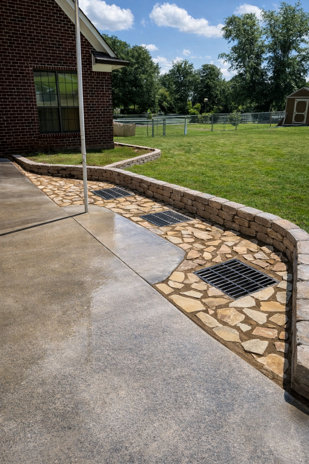Backyard patio with a concrete surface, a brick house, a flagpole, a stone border, drainage grates, a grassy lawn, and a fenced area with trees and a shed under a partly cloudy sky.