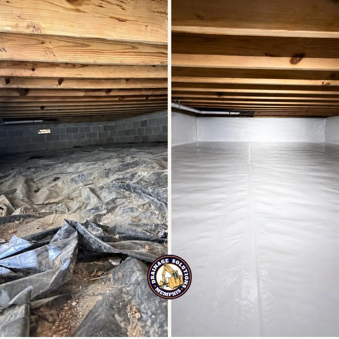 Side-by-side comparison of a basement before and after waterproofing; left side shows dirty plastic sheeting and dirt, right side shows clean, dry surface after waterproofing.
