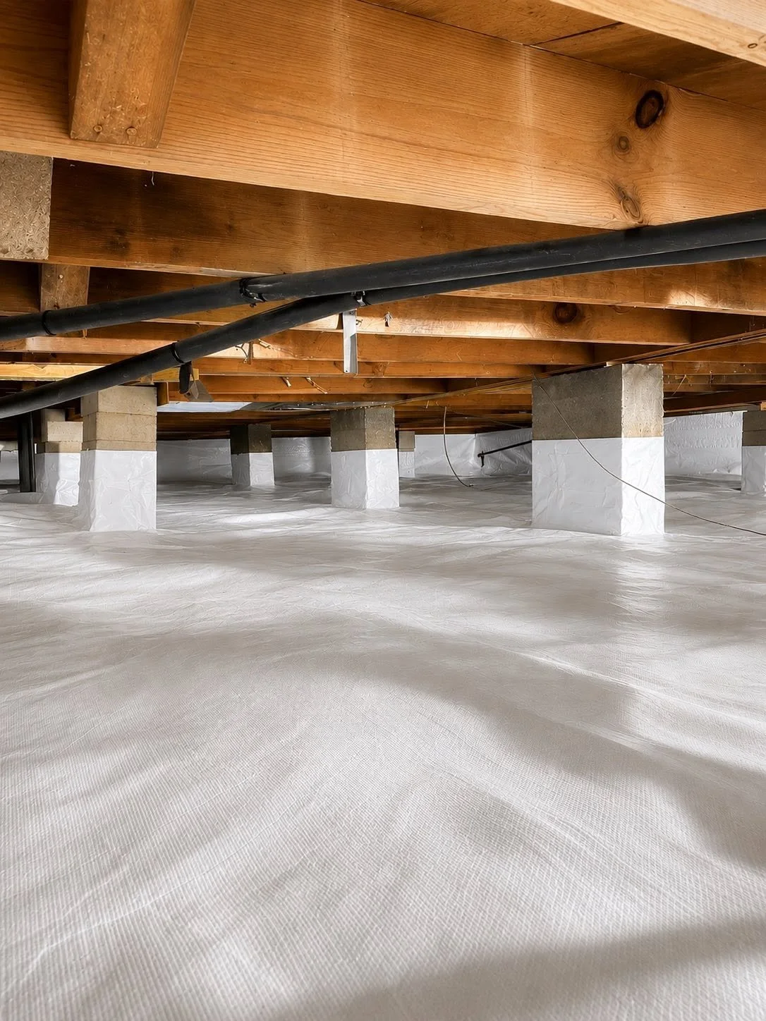 View of a crawl space with concrete support columns, wooden beams, and black pipes, with a white vapor barrier covering the floor.