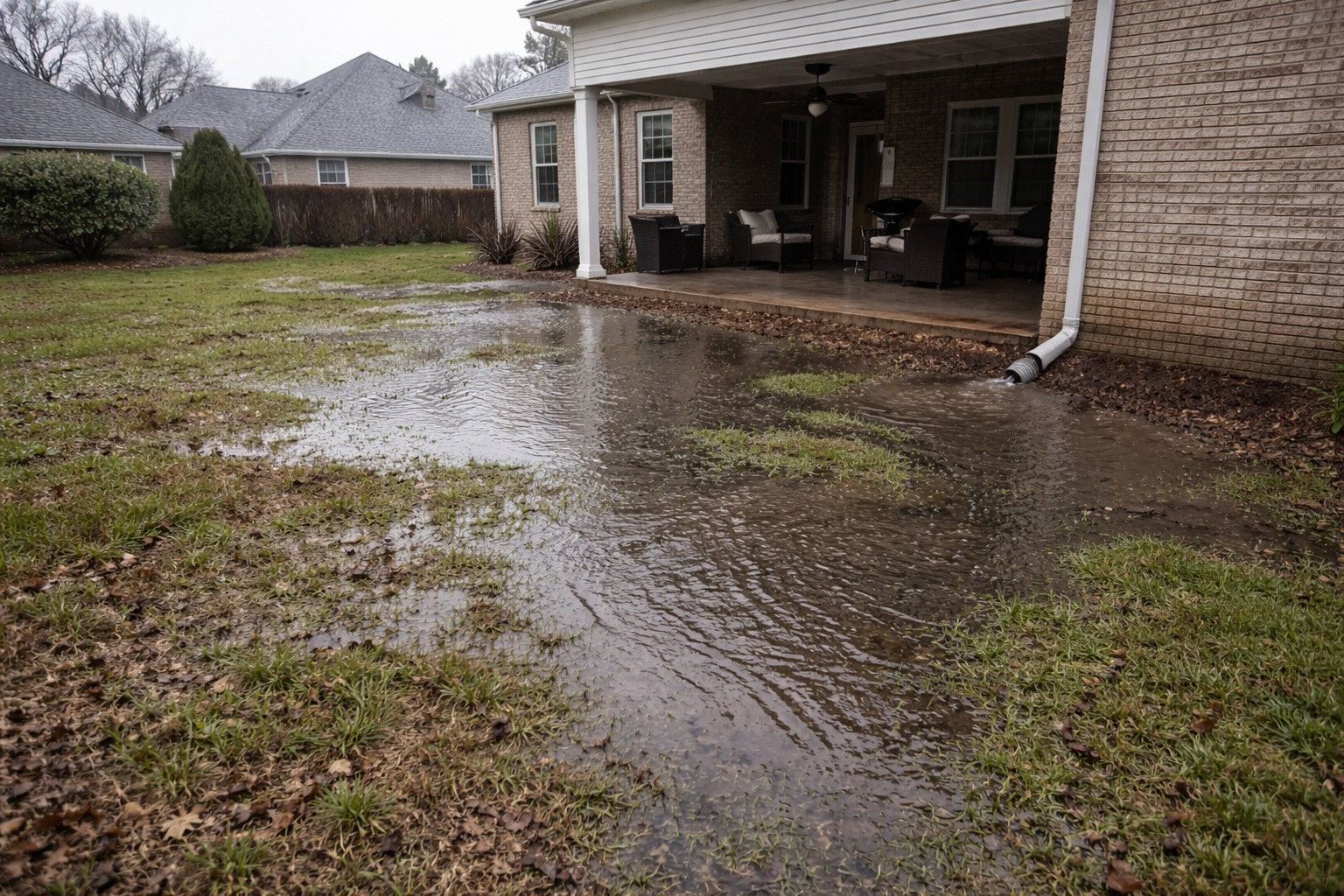 Flooded backyard with water pooling on the grass next to a brick house and covered patio. The house has a gutter system with drainage pipes directing water away.