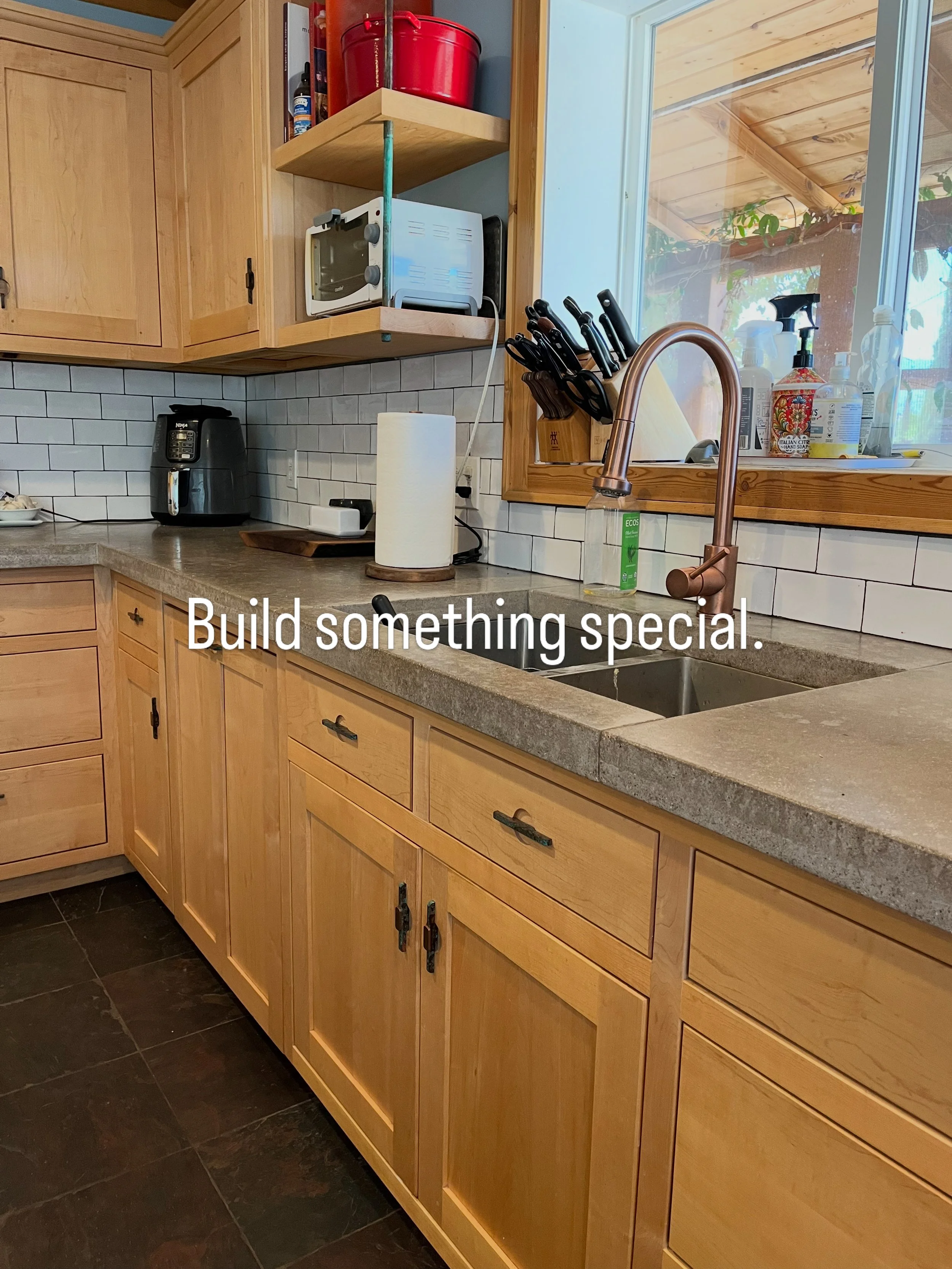 custom kitchen cabinetry with floating shelves and custom copper hardware. Functional design. modern, organic kitchen design