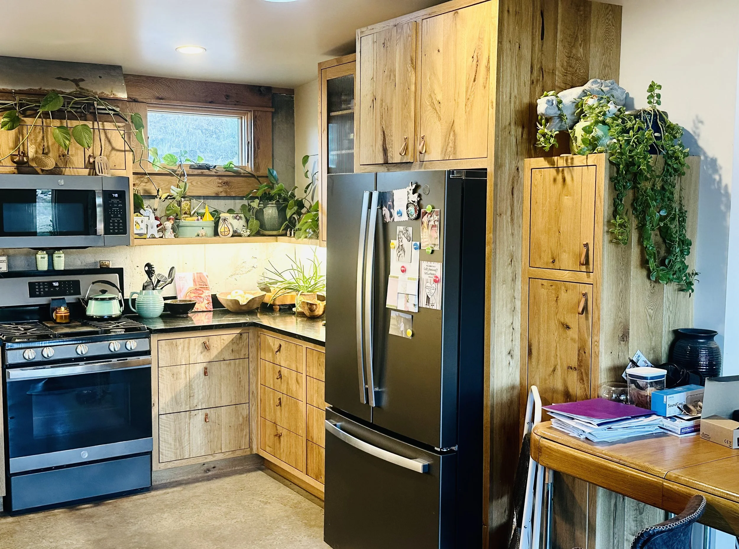 View of a kitchen with wooden cabinets, a black refrigerator with magnets and photos, a stove, a microwave, and various plants and kitchen items on the counter and shelves.