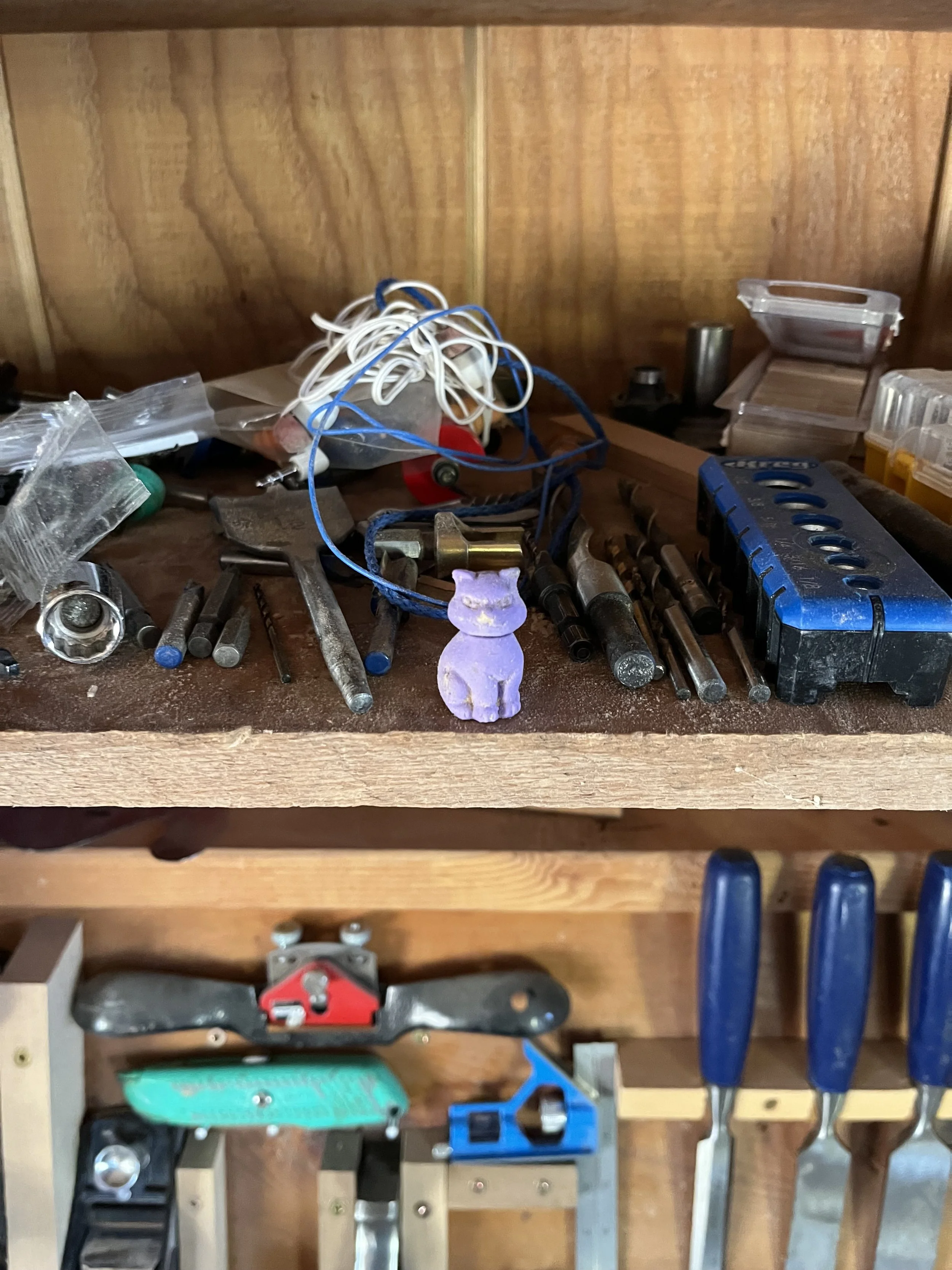 Workbenches with various woodworking tools including hand saws, clamps, screwdrivers, and other woodworking accessories organized on the shelves.