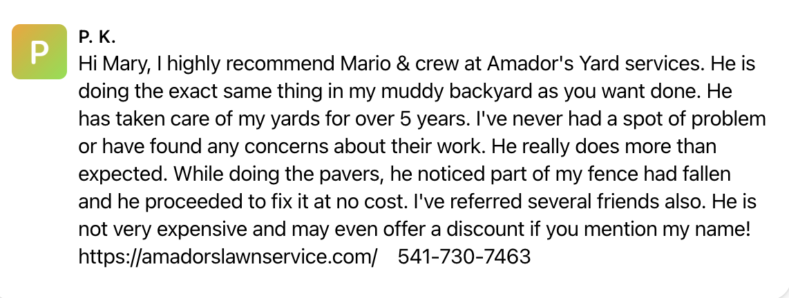 Customer testimonial recommending Mario and crew from Amador's Yard services, praising their yard care, fence repair, and affordability.