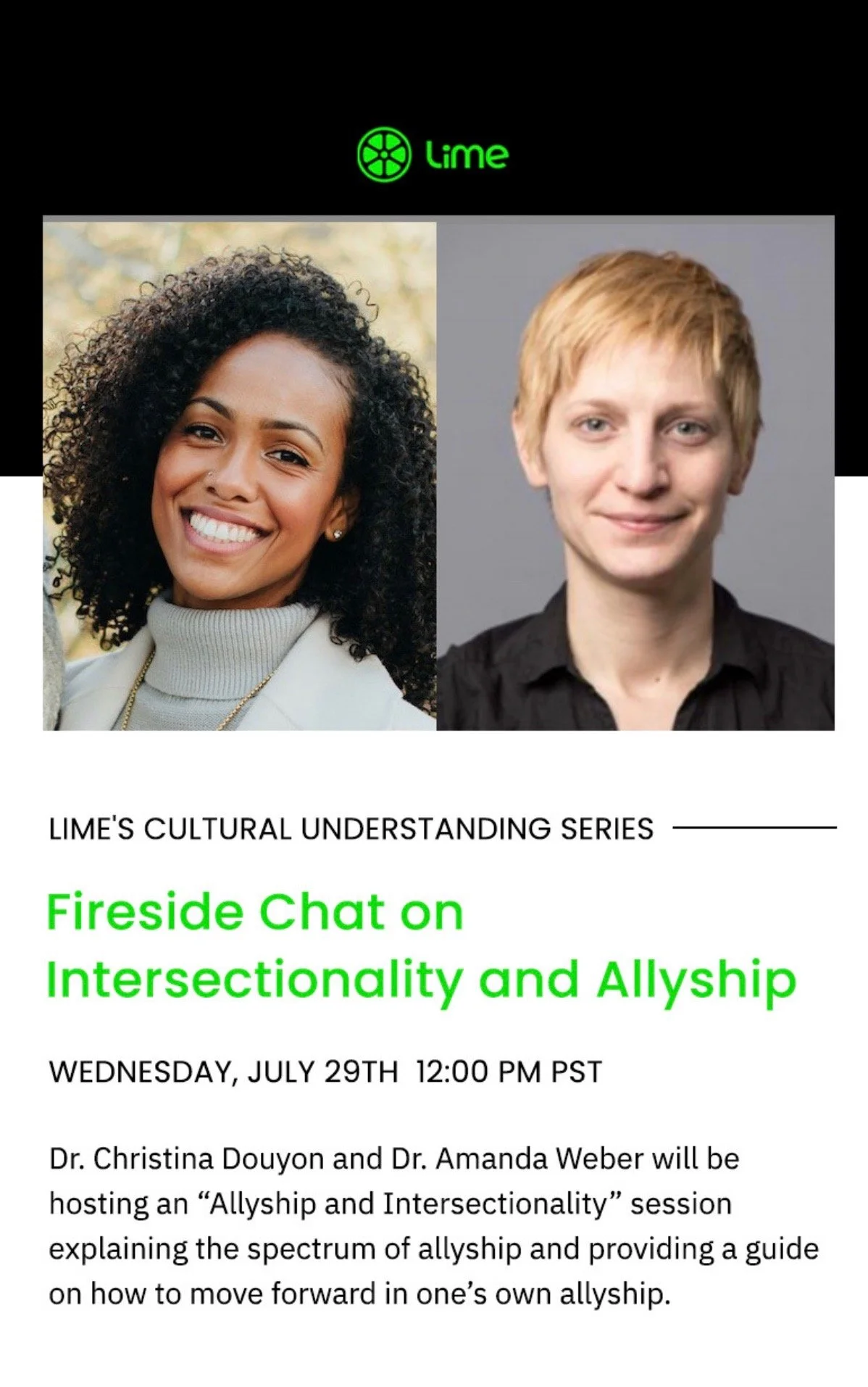 A flyer for a fireside chat about intersectionality and allyship with a headshot of a black woman and a trans white person