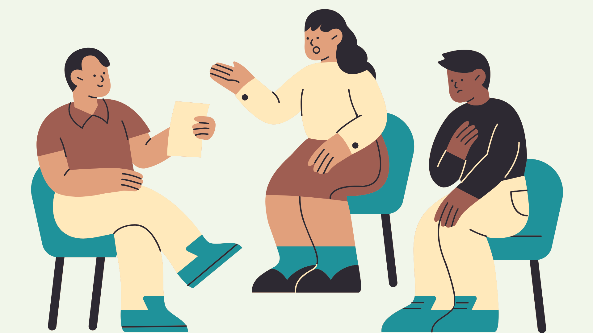 Three people sitting on chairs, talking. One person is holding a piece of paper and receiving feedback.