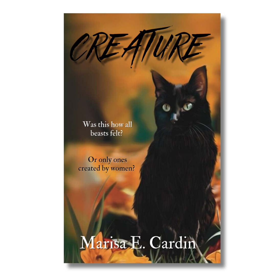 Book cover titled "Creature" by Marisa E. Cardin featuring a black cat with green eyes against an autumnal background with orange and yellow foliage.