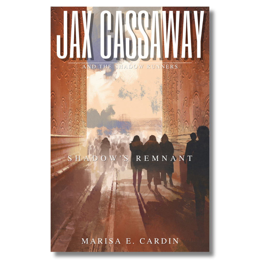 Book cover titled 'Jax Gassaway and the Shadow Runners: Shadow's Remnant' by Marisa E. Cardin, featuring an illustrated group of people walking through a city street with tall buildings on either side and an abstract sky in the background.