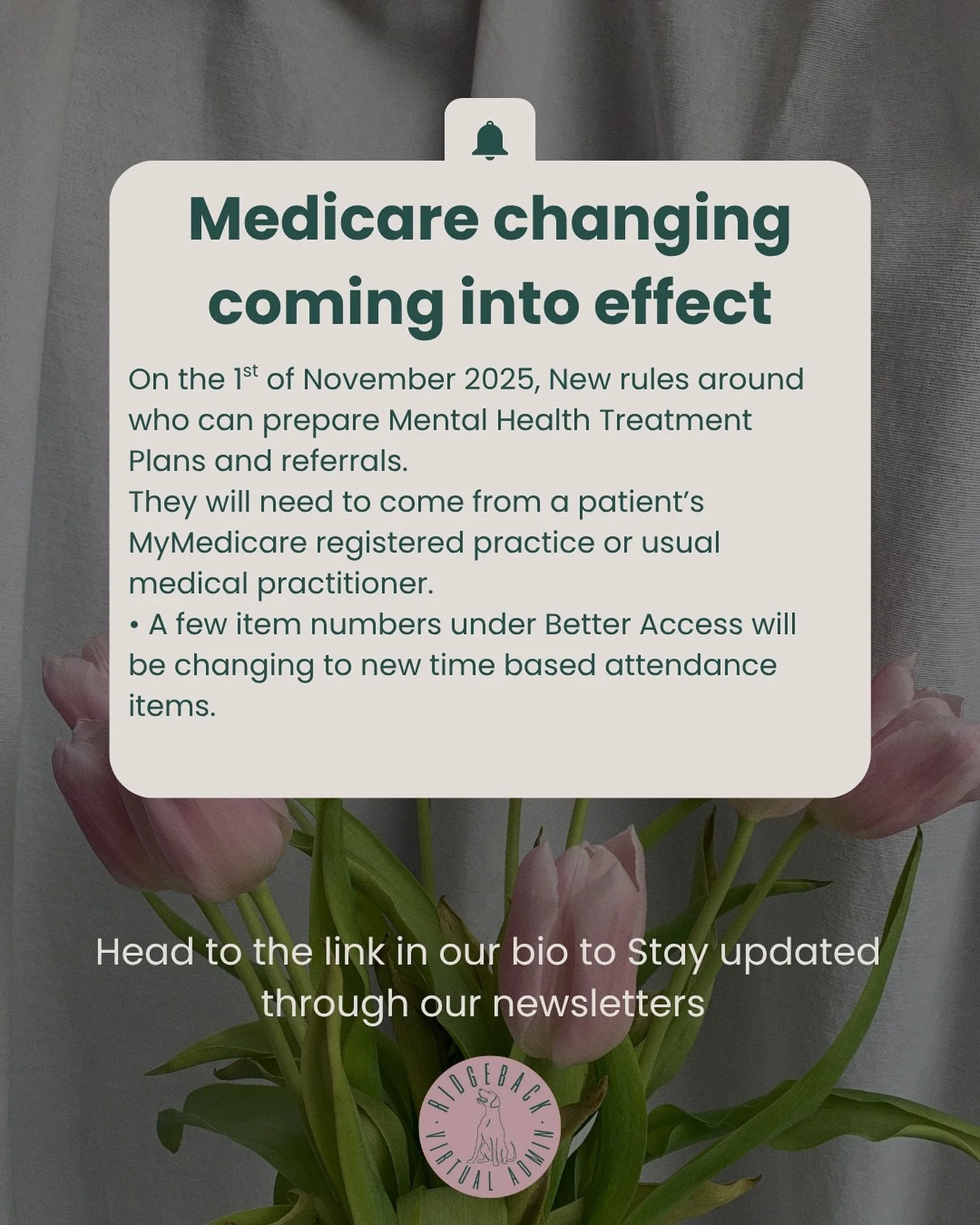 These changes are coming into effect on 1 November 2025 

Stay up to date through our newsletters, sign up via our website link in bio 🫶🏼

#ridgebackva #halaxy #halaxysupport #virtualassistant #medicateupdate #betteraccess