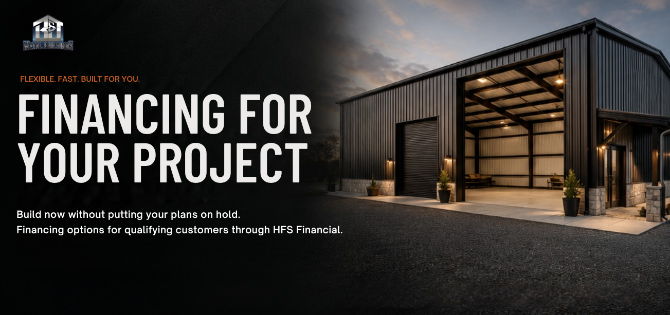 Modern black metal building by B&J Metal Buildings featuring financing options for custom residential and commercial metal building projects in Louisiana through HFS Financial.