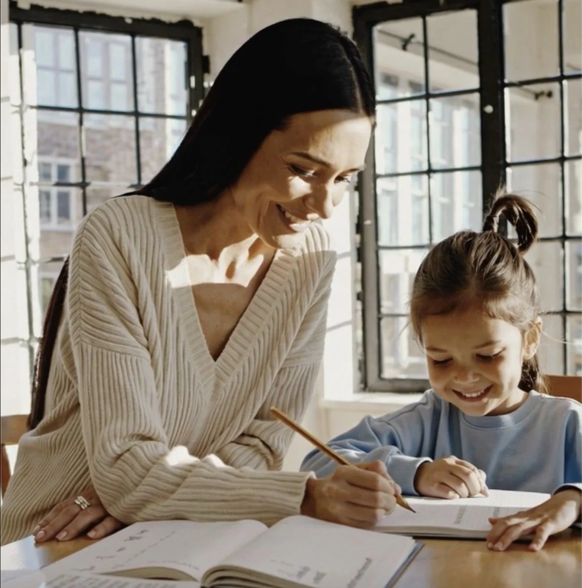 A woman and a young girl enjoying their tutoring session smiling and working together at a wooden table, with open books and a pencil, in a bright room with large windows.