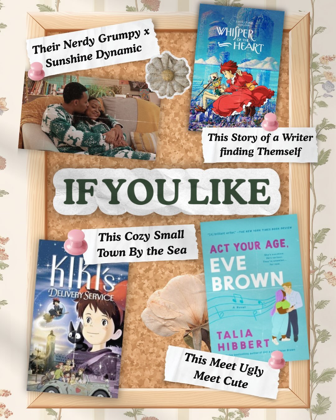 If you love

👒 Opposites Attract Romance 
🪻 Grumpy/Sunshine Dynamic 
📖 Annoyed at First Sight to Lovers 
👒 Studio Ghibli Vibes 
🪻 Maryland Small Town 
📖 Cozy and Sweet Feels 
👒 Found Family Friendship Group 
🪻 No Third Act Breakup 
📖 Sprinkl