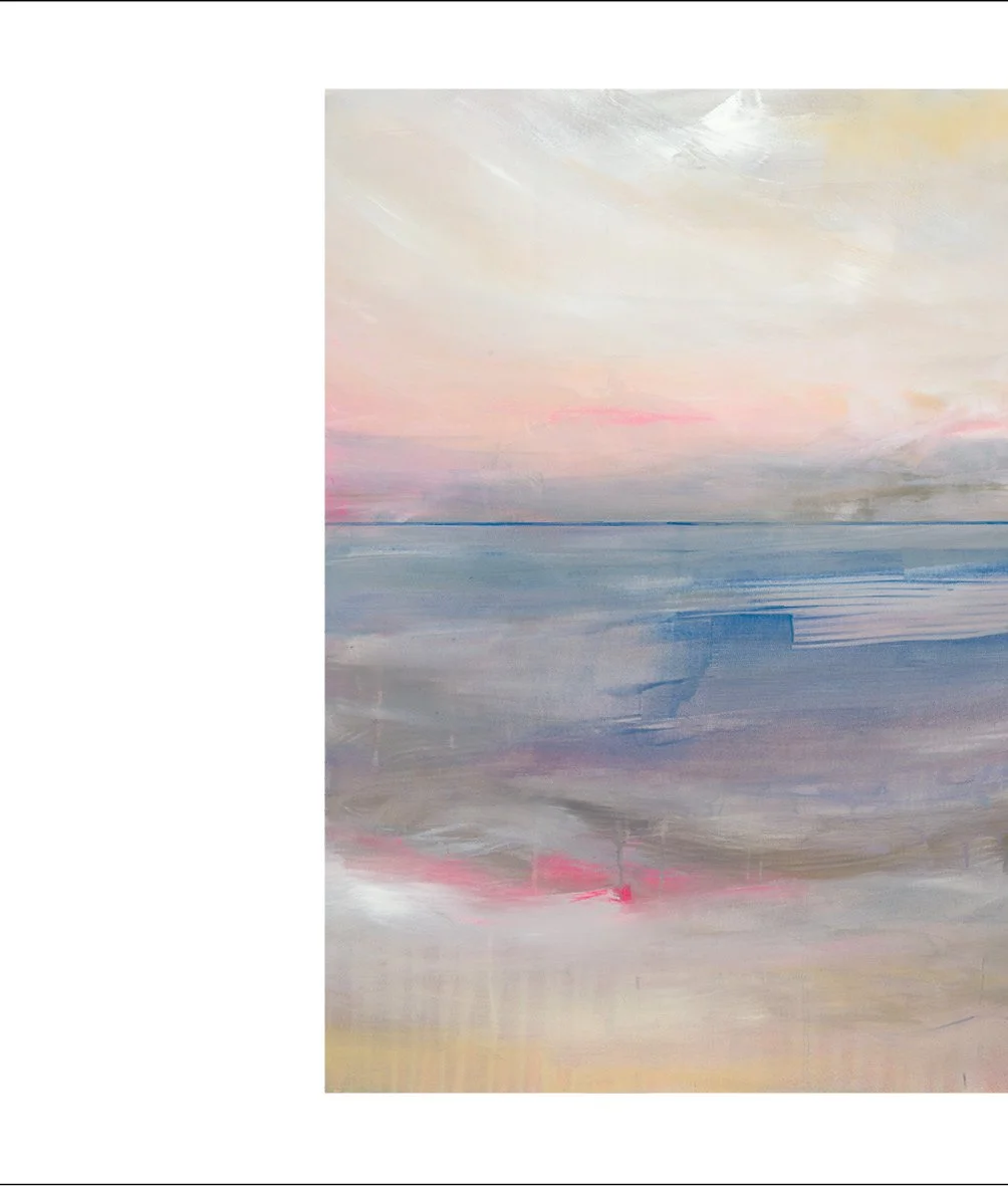 Abstract landscape painting with soft pastel colors, depicting a serene sky over water.