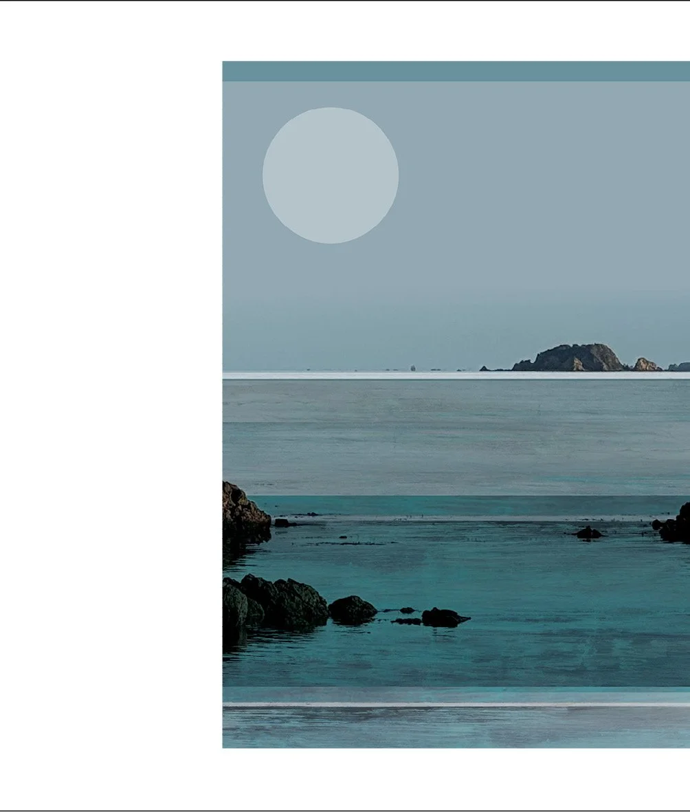Calm ocean water with rocks near the shore and distant islands on the horizon under a large, pale moon in a cloudy sky.