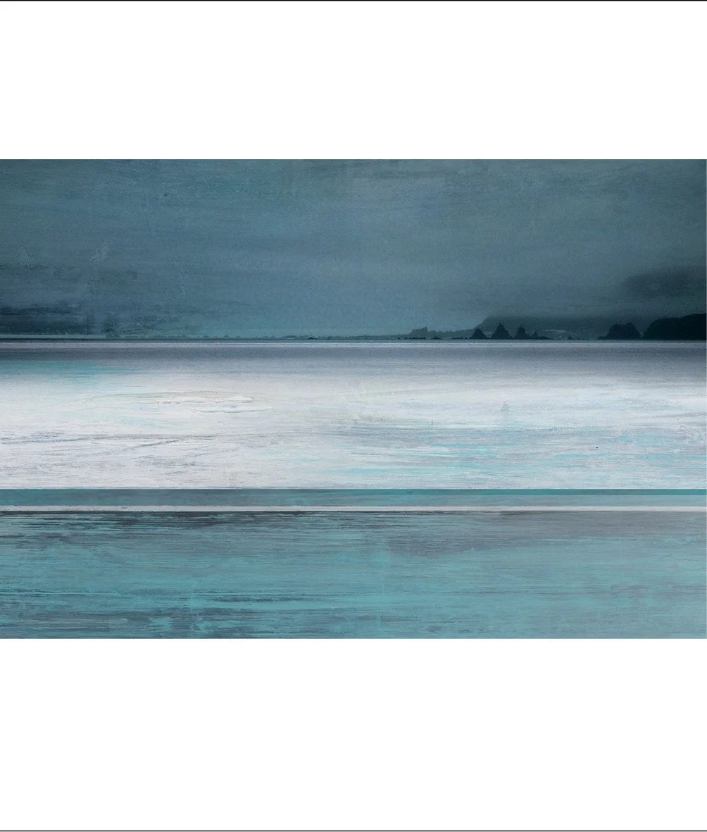 Abstract landscape with a cloudy sky, distant mountains or islands, and a body of water in the foreground, in muted blue and gray tones.