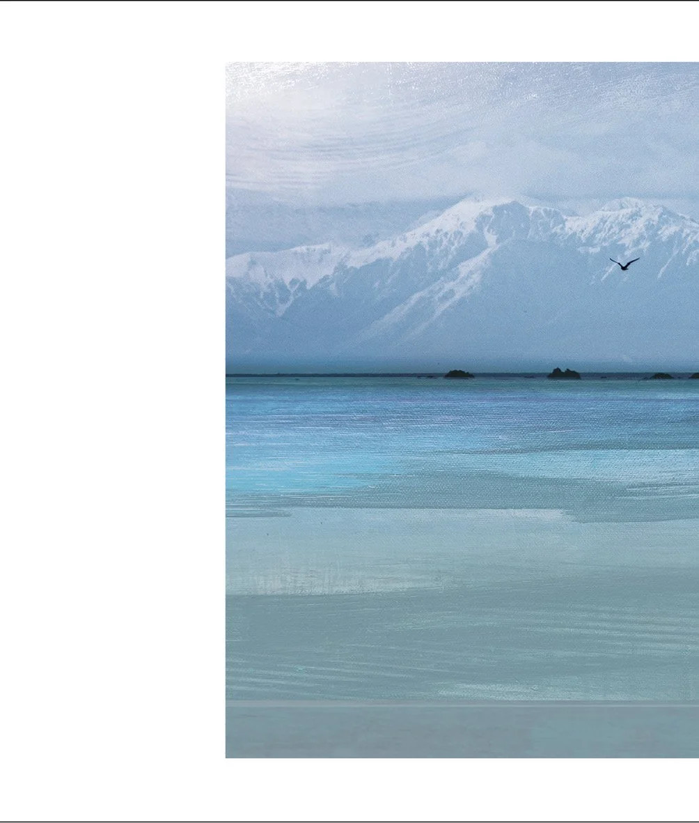 Snow-capped mountains in the background, with a cloudy sky and a flying bird over a calm body of water in the foreground.