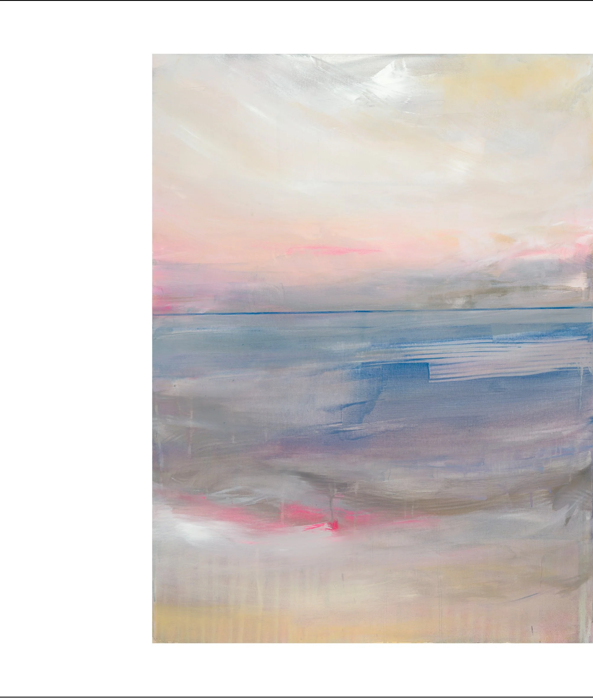 Abstract painting with soft pastel colors blending into each other, including shades of white, pink, blue, gray, and yellow.