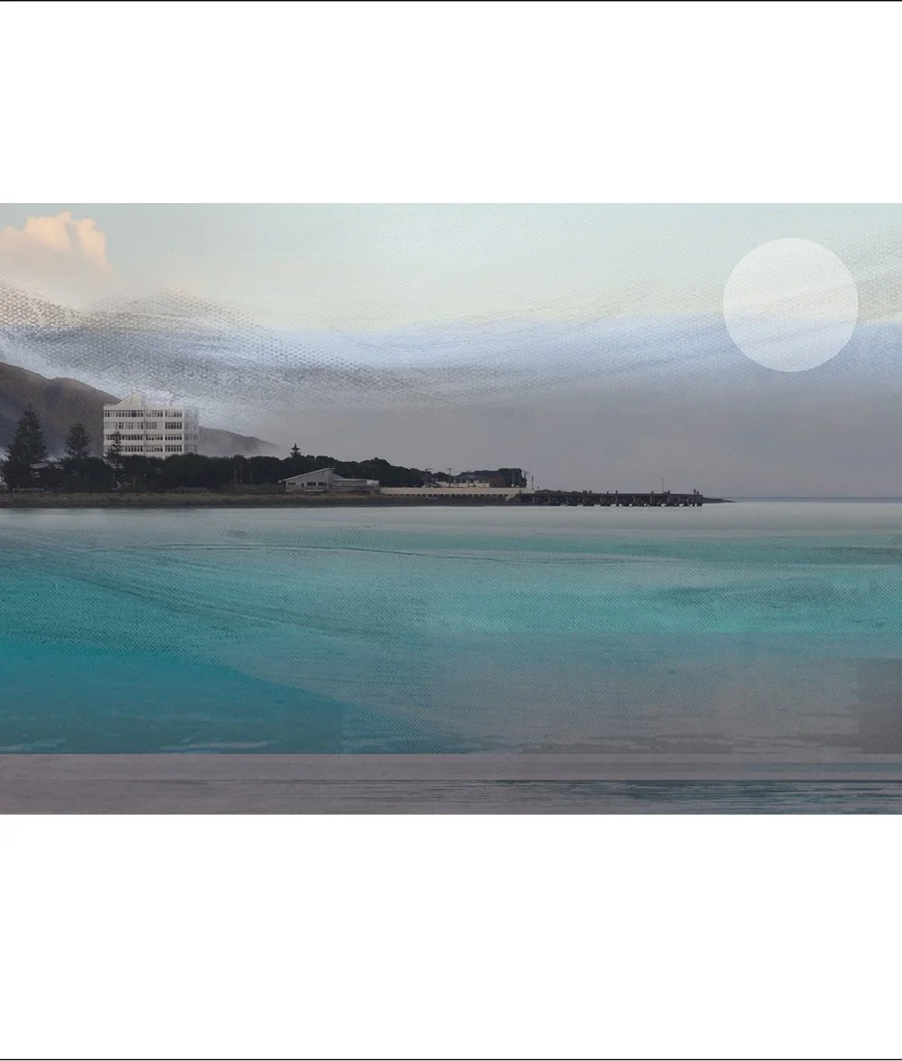 A digital art piece depicting a seaside landscape with a light-colored sky, water, a dock, and buildings in the background with mountains and a large, pale sun or moon.
