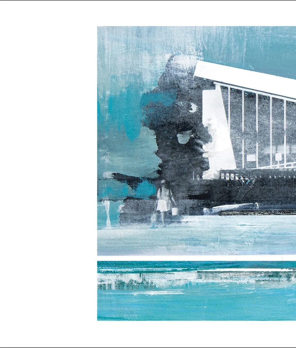 Artistic rendition of a large modern building with glass windows, a street with a few pedestrians, and a prominent sculpture of a human head in the foreground, painted in shades of blue and black.