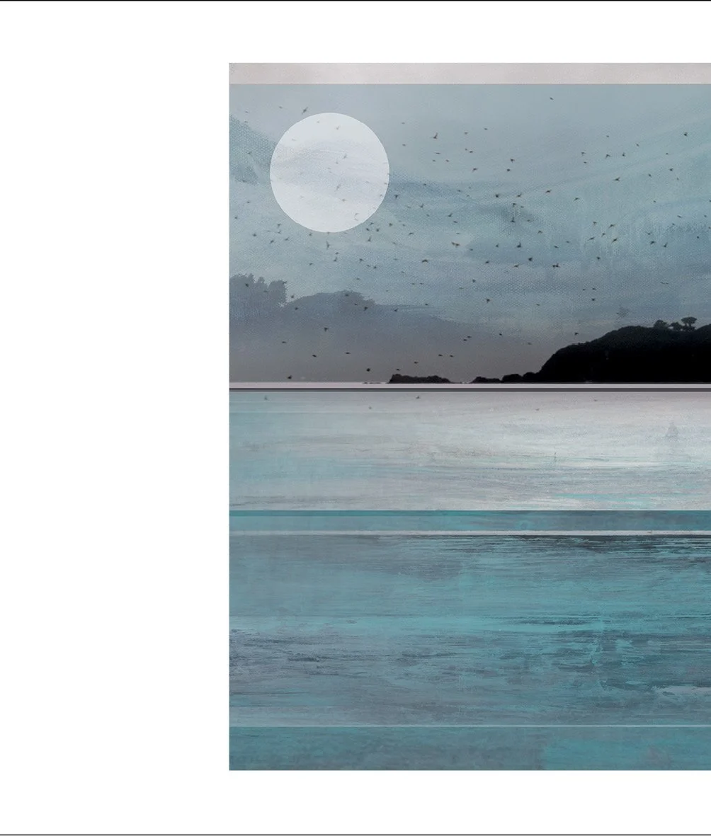 Digital artwork depicting a serene lake scene under a full moon, with a flock of birds flying across the sky and a distant landmass covered in trees, all in shades of blue and gray.