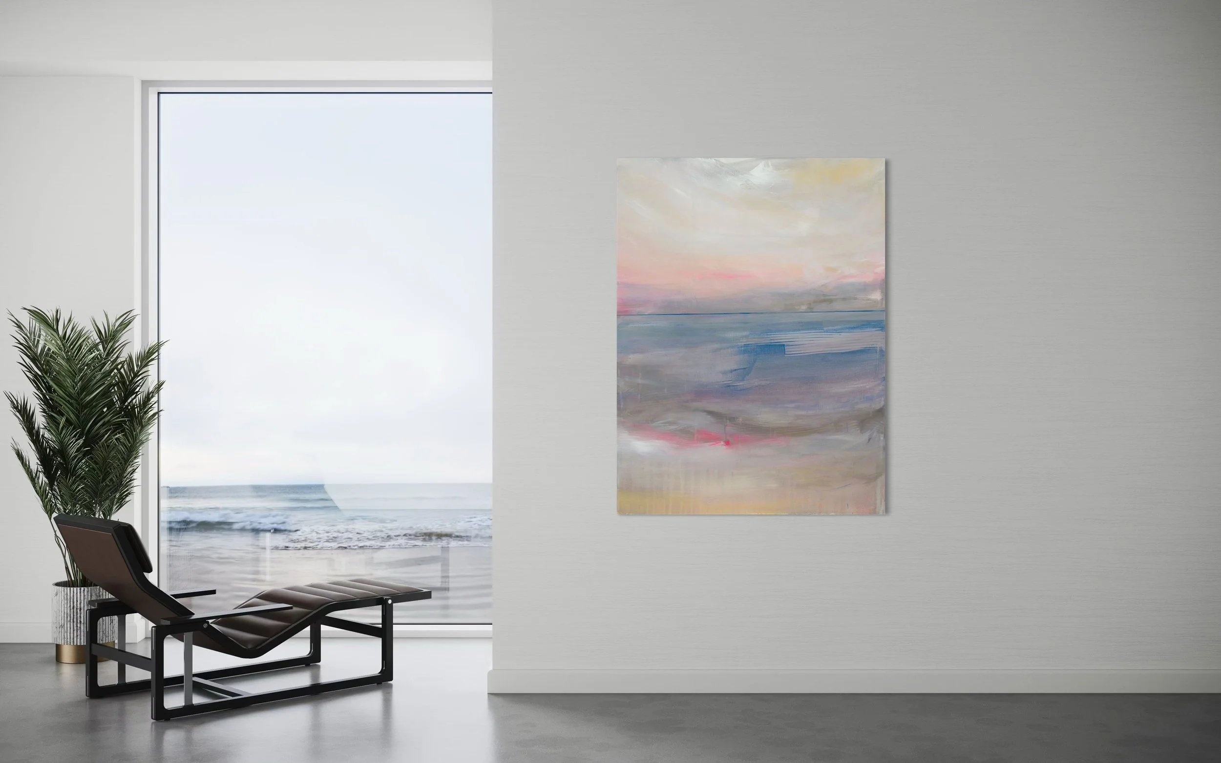 Modern minimalist interior with a black lounge chair near a large window overlooking the ocean, a potted plant in a white pot, and an abstract painting on the wall.