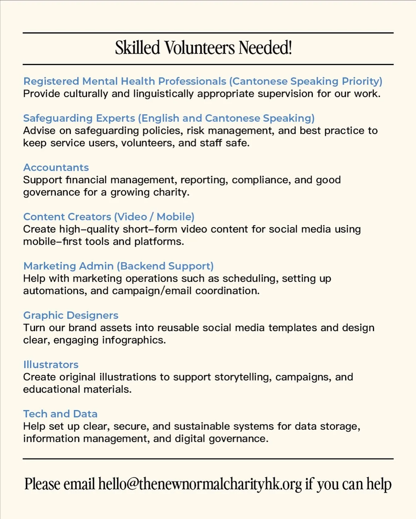 Got skills? Want to use them to support the Hong Kong community?

Each year, we offer peer support groups to over 1,000 people across Hong Kong. We empower people in Hong Kong to support their community through life&rsquo;s most difficult moments.

W