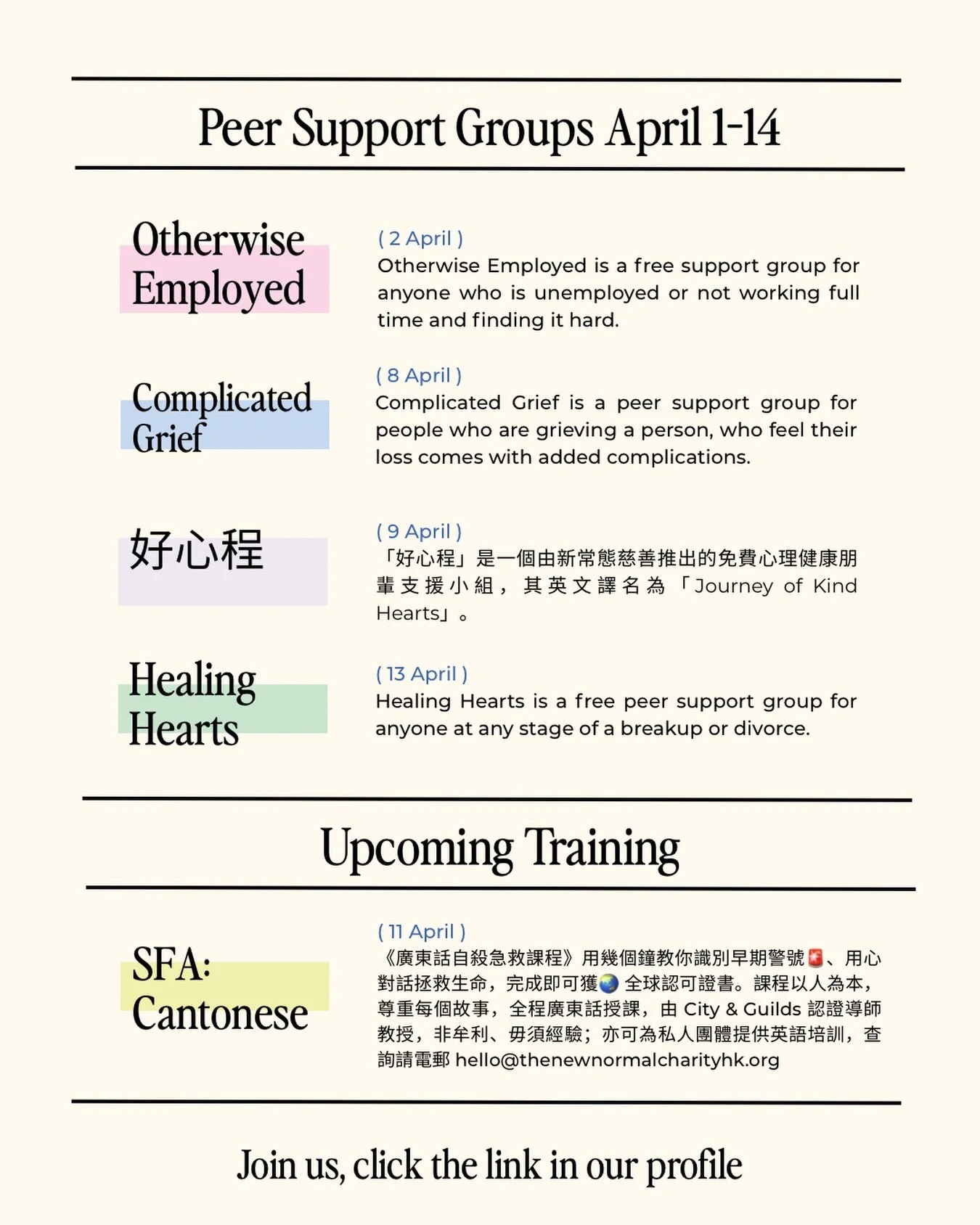 We are really excited to introduce a few new venues from April☀️Making our groups more accessible and welcoming as we can for all to join😊

四月起，朋輩支援小組擴展至幾個新地點啦～
🏡讓小組更多元化，提供大家更多地點選擇📍