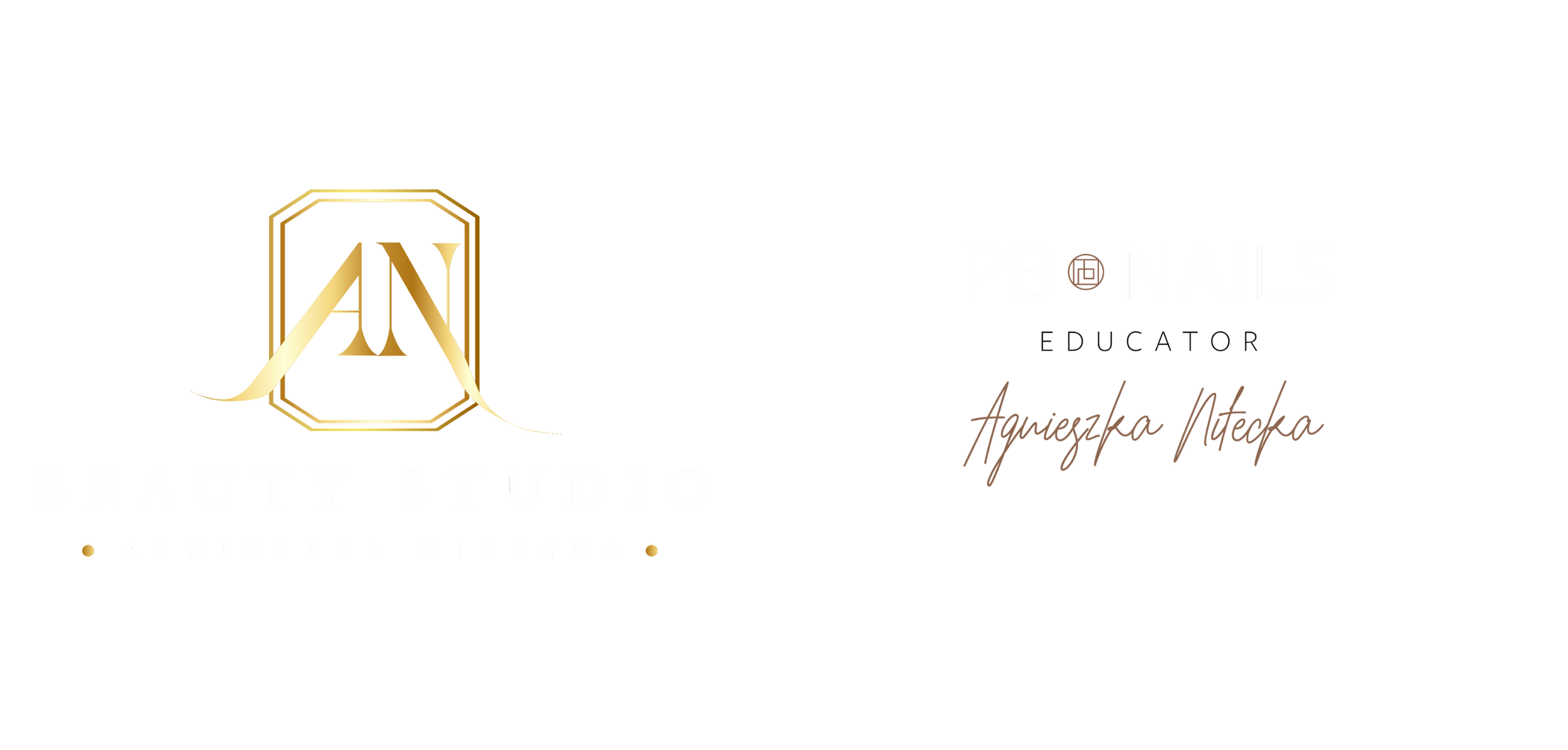 Logos and text for Beauty Studio, PB Nails, and Agnieszka Nitecka PB Nails Educator, on a black background.