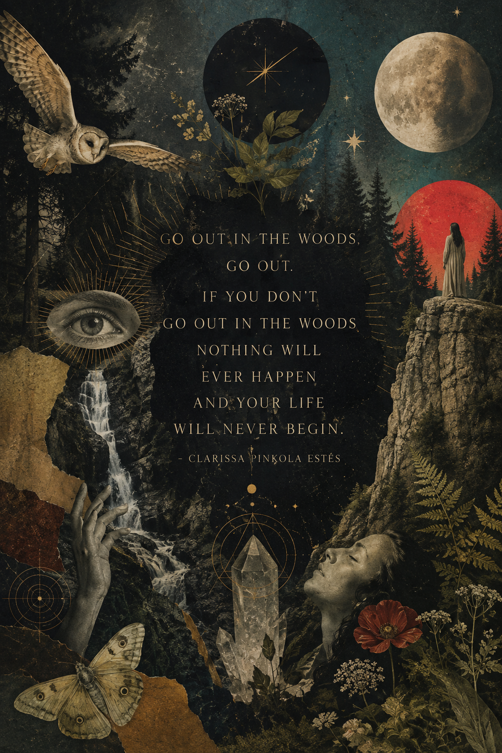 Ein Collagenbild mit Mond, Sternen, Wald, einer Eule, einem Auge, einem Menschen und Pflanzen, das einen Zitattext enthält.