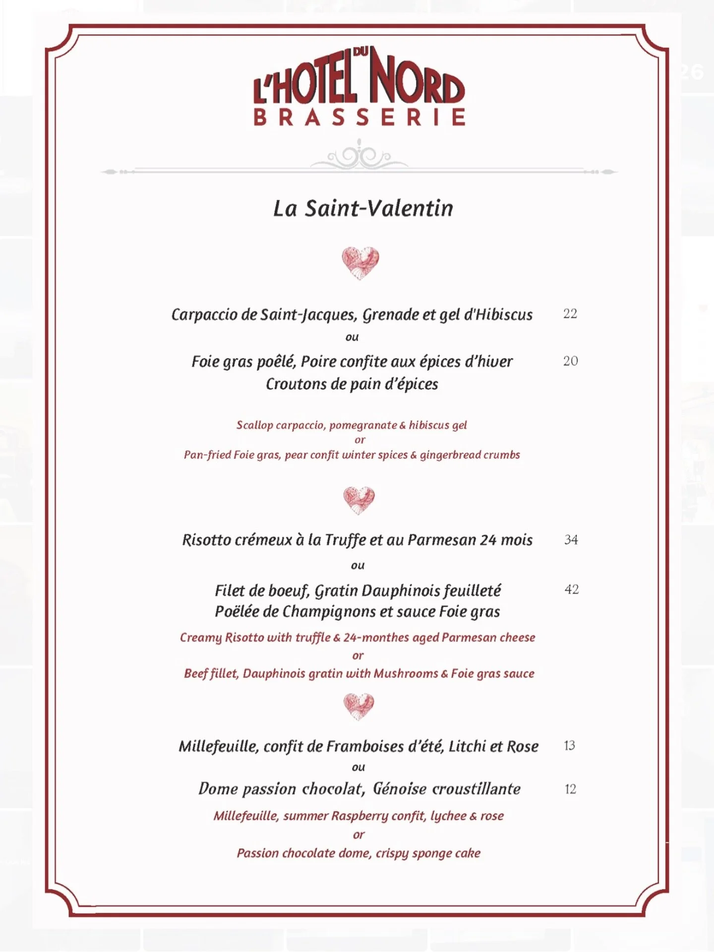 Pour la Saint-Valentin, notre chef 👨🏽&zwj;🍳 a quelques suggestions &agrave; vous proposer.
Il y aura du jazz 🎺 et des chandelles.
Mettez vos plus beaux atours et rejoignez-nous &agrave; la Brasserie de l&rsquo; @hoteldunordparis 

For Valentine&r