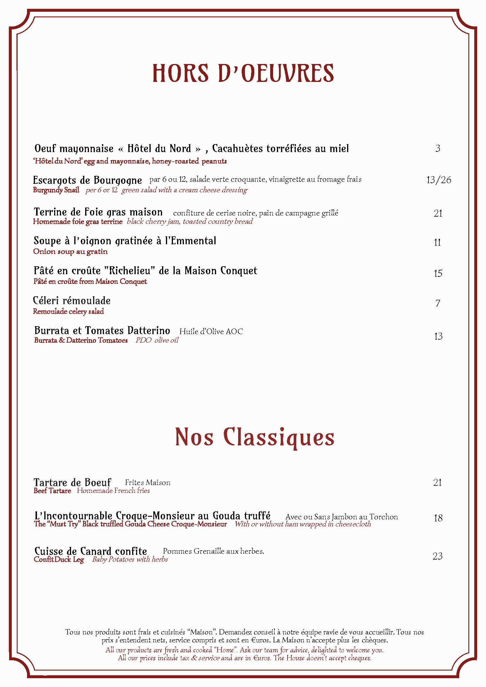 Menu gastronomique français avec des plats et leurs descriptions, incluant œuf mayo, escargots, terrine, soupe, pâté, tartare, croque, cuisse de canard, et commentés en français avec traduction en anglais.