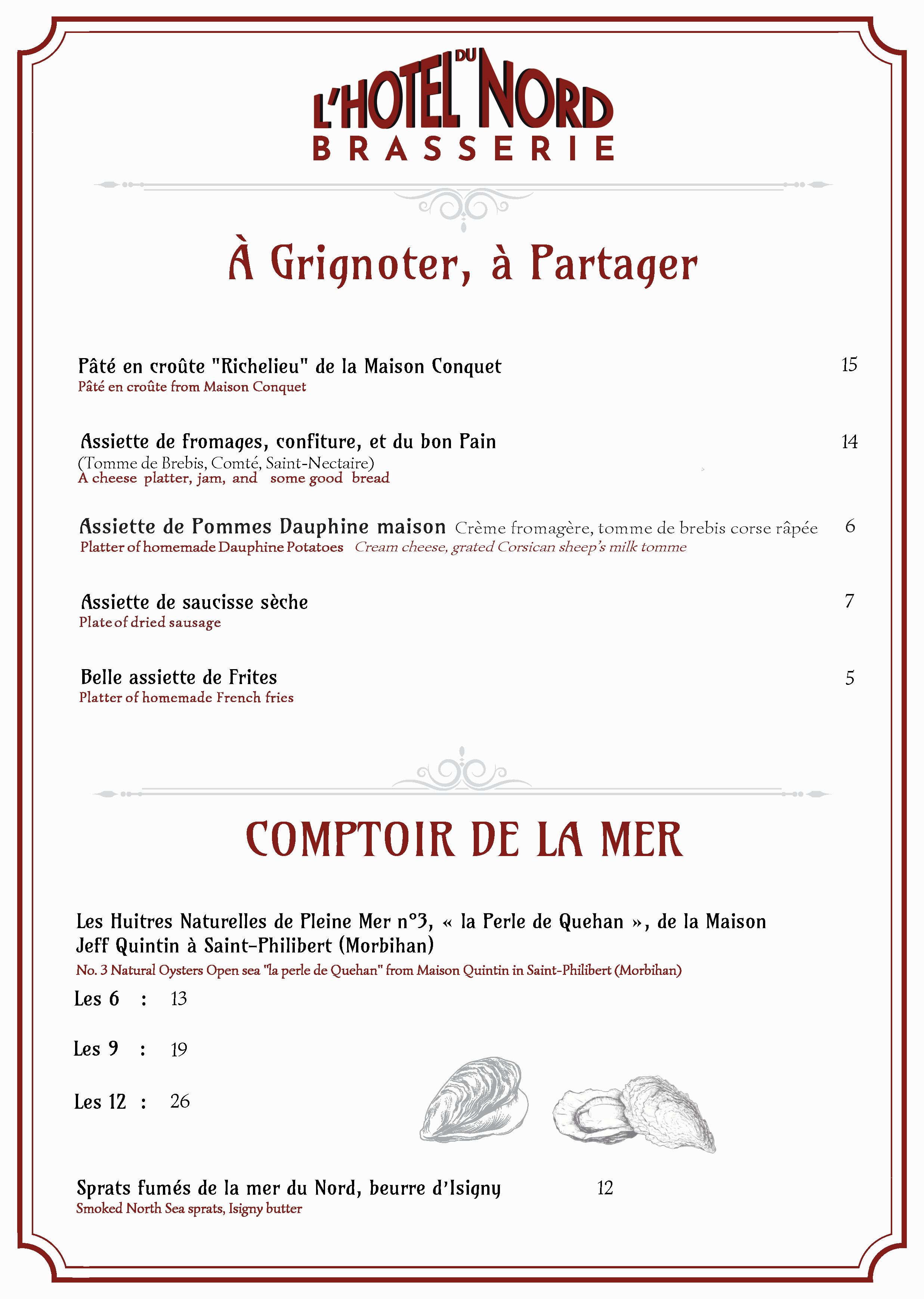 Menu de restaurant avec plats traditionnels français, incluant un pâté en croûte, une assiette de fromages, une assiette de pommes dauphine maison, une assiette de saucisse sèche, une assiette de frites, des huîtres naturelles de Pleine Mer, des spicy North Sea sprats et du beurre d'Isigny.