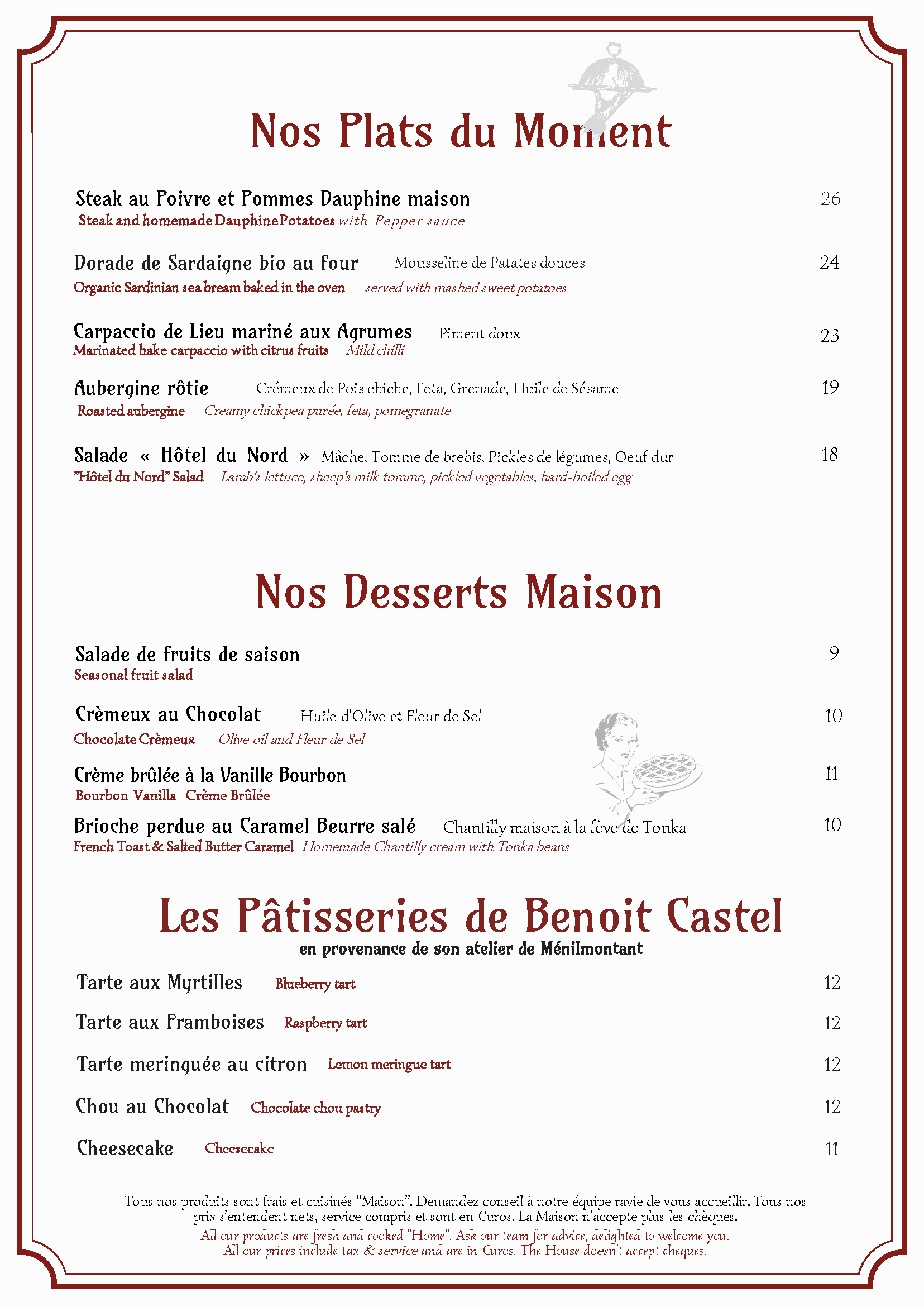 Une page de menu de restaurant en français, listant des plats tels que steak au poivre, dorade, carpaccio, aubergine, salade, tartes et autres desserts, avec descriptions en anglais et prix.