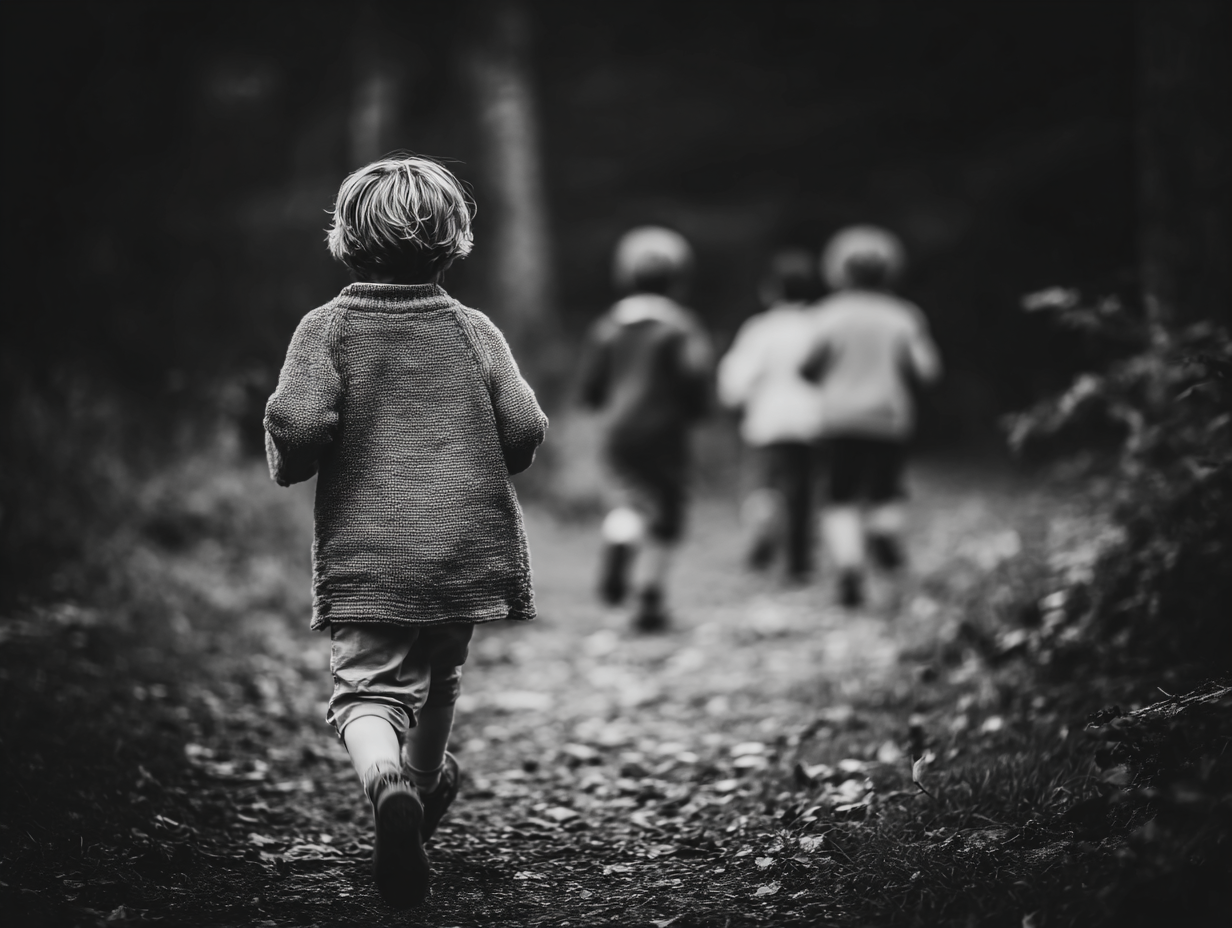 Et barn som løper etter andre inn i skogen, i svart-hvitt, sett bakfra. Det sier noe om barndom, om å følge etter, om å ikke helt nå frem.