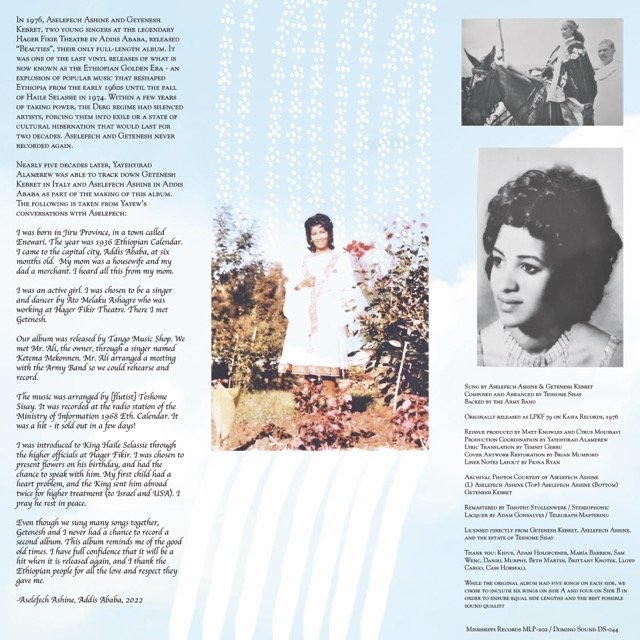 Liner notes for ሸገኔዎች (Beauties) by Aselefech Ashine & Getenesh Kebret with Mississippi Records