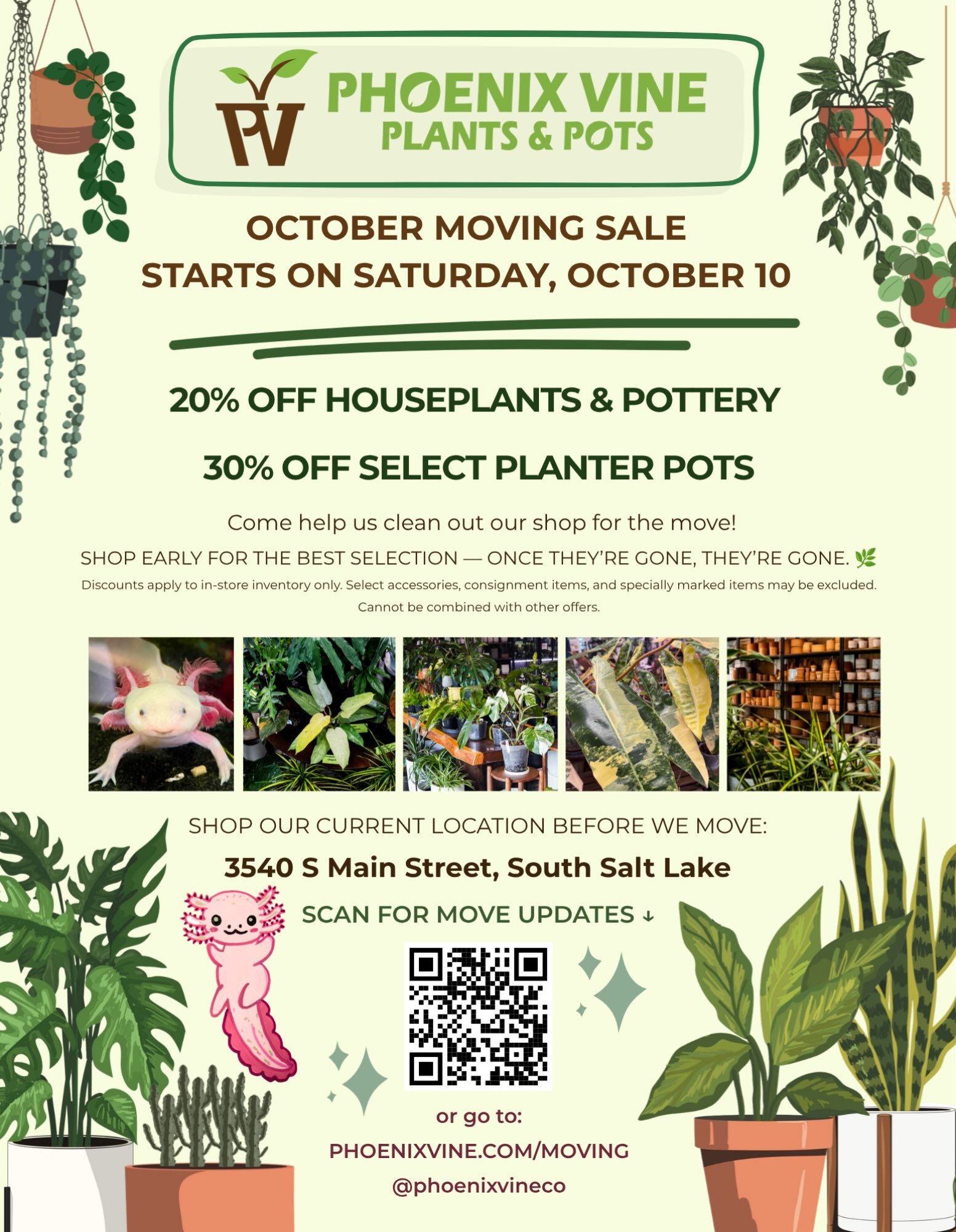 🌿 We&rsquo;re moving &mdash; and the Moving Sale starts this Saturday! 🪴

Enjoy 20% OFF houseplants &amp; pottery and 30% OFF select planter pots as we clear out the shop for our big move!

Shop early for the best selection &mdash; once they&rsquo;