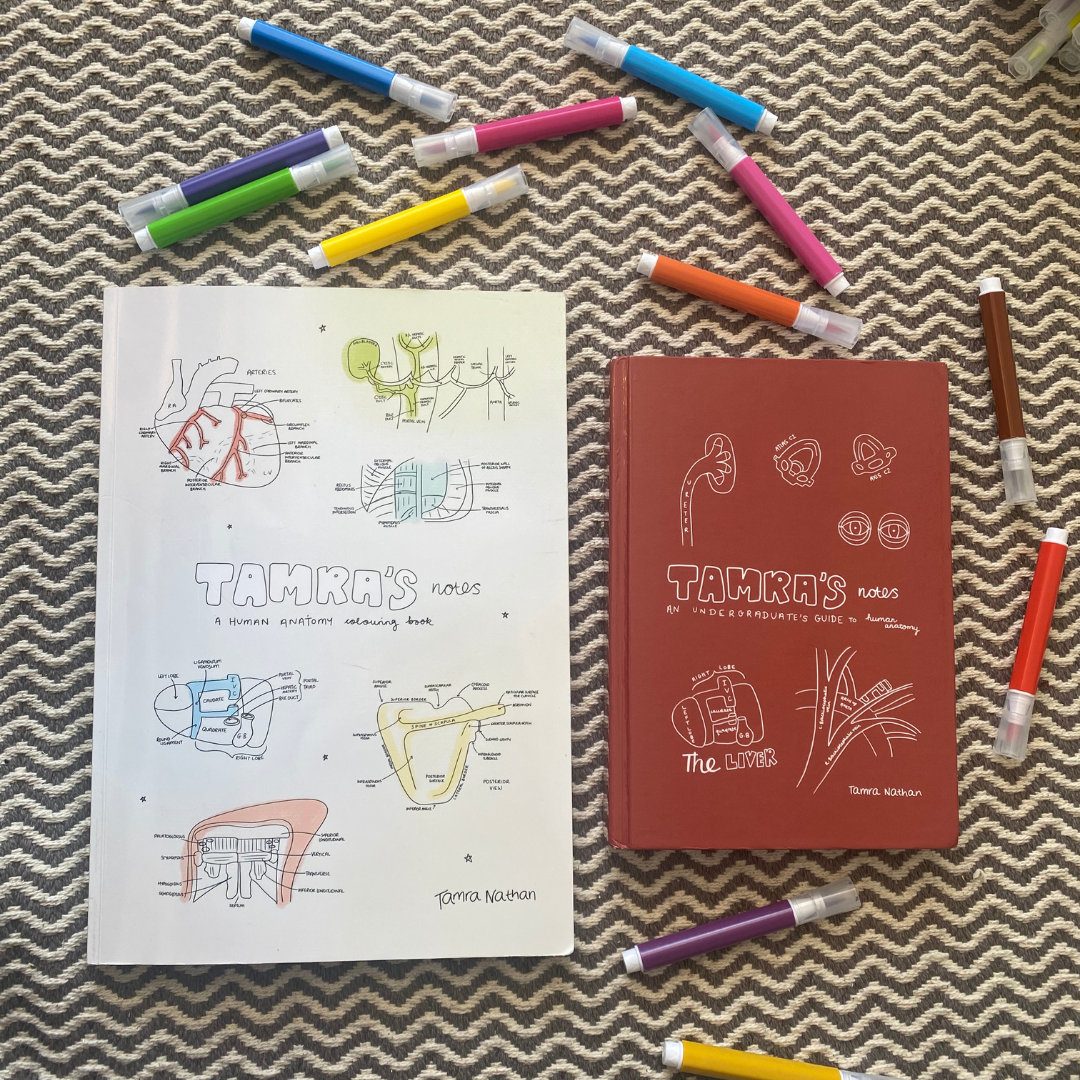 human anatomy colouring book, paired next to tamra's notes, perfect for medical students, nursing students and radiography students