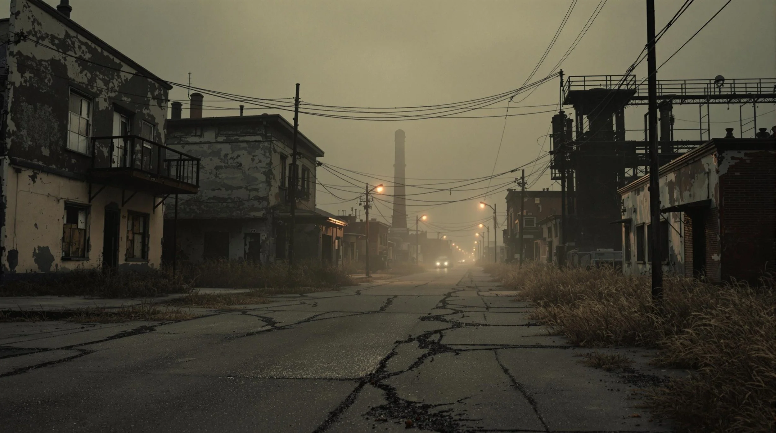 An abandoned town street with cracked pavement, dilapidated buildings, power lines, and a distant smokestack under a foggy, yellowish sky.