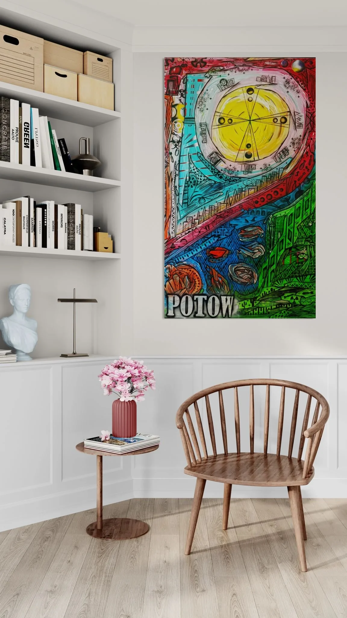 Quarto acolhedor com estante de livros e cadeira de madeira.jpeg