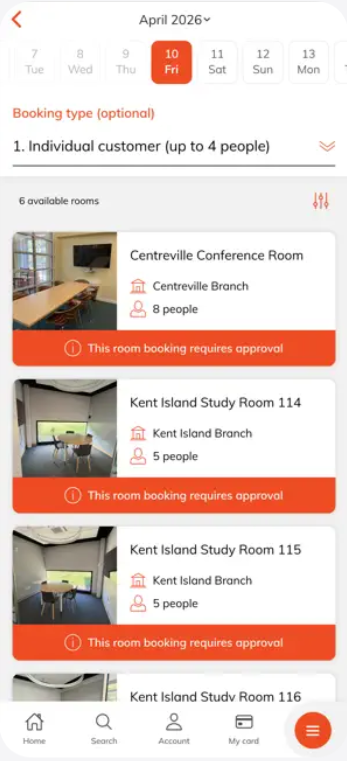 Image of the room reservation page on the library mobile app